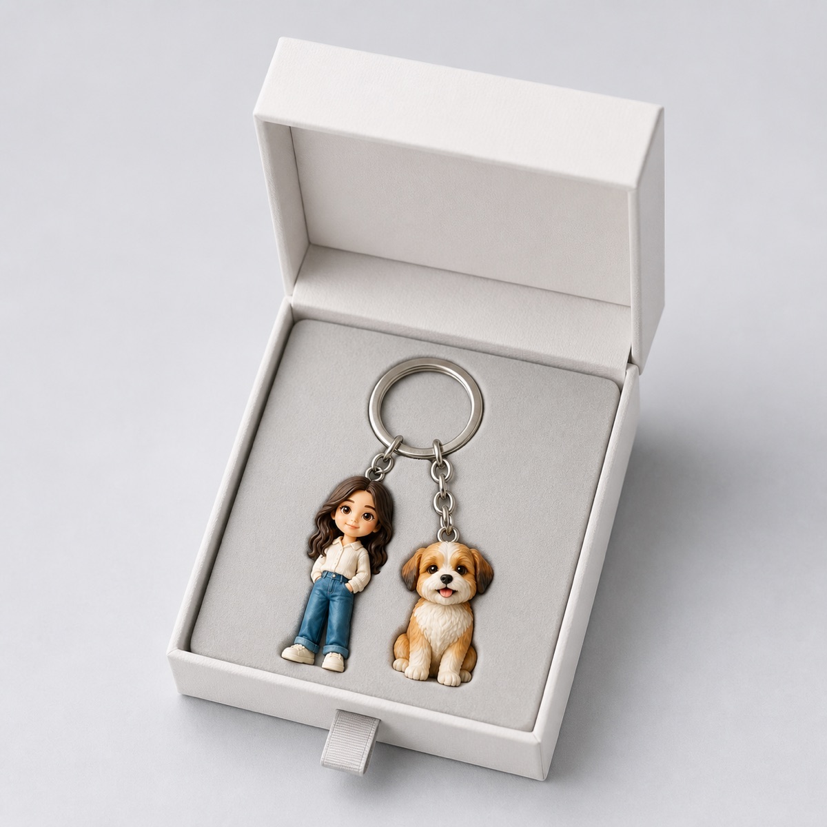 Custom keychain arranged inside a gift box